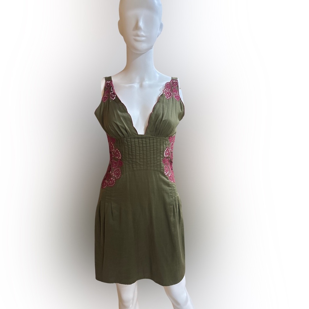 Y2K Catherine Malandrino, Authentic Olive Dress w/Magenta Lace Cutouts, Sz 4
